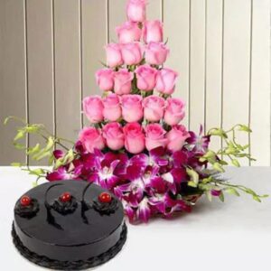 Roses And Orchids Basket With Truffle Cake