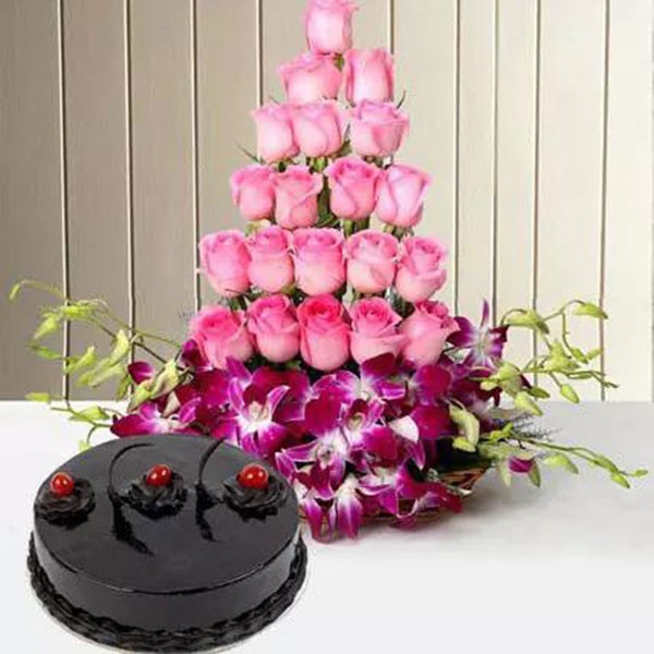 Roses And Orchids Basket With Truffle Cake